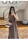 KAHVE V YAKA KEMERLİ ELBİSE-2382