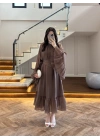 KAHVE ŞALLI BÜZGÜLÜ ELBİSE-3404