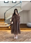 KAHVE ŞALLI BÜZGÜLÜ ELBİSE-3404