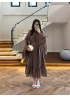 KAHVE ŞALLI BÜZGÜLÜ ELBİSE-3404