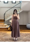 KAHVE TOKA KEMERLİ ELBİSE -3418