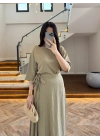 HAKİ KISA KOLLU BAĞCIKLI ELBİSE -3448
