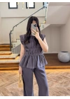 ANTRASİT FÜME TENSEL NEVÜRLÜ BLUZ PANTOLON TAKIM-250483