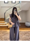 ANTRASİT FÜME TENSEL NEVÜRLÜ BLUZ PANTOLON TAKIM-250483