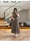 KAHVE ŞAL DETAY ELBİSE -3443