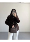 Acı Kahve Astarlı Kemerli Peluş Tüylü Ceket