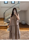 AÇIK KAHVE YAKA İŞLEME DETAYLI ELBİSE-3454