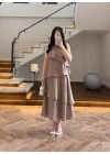 AÇIK KAHVE YAKA İŞLEME DETAYLI ELBİSE-3454