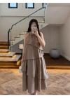 AÇIK KAHVE YAKA İŞLEME DETAYLI ELBİSE-3454