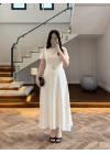 BEYAZ KISA KOL KEMERLİ GÜRÜLÜ ELBİSE -3231