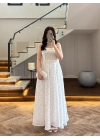 BEYAZ PUANTİYELİ GİPELİ ASKILI ELBİSE -3469