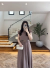 BİSKÜVİ VATKALI KEMERLİ ELBİSE -4066