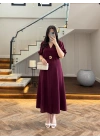BORDO GOLD KEMER DETAY YIRTMAÇLI ELBİSE-3909