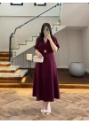 BORDO GOLD KEMER DETAY YIRTMAÇLI ELBİSE-3909
