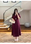 BORDO GOLD KEMER DETAY YIRTMAÇLI ELBİSE-3909