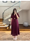 BORDO GOLD KEMER DETAY YIRTMAÇLI ELBİSE-3909