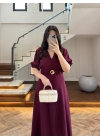 BORDO GOLD KEMER DETAY YIRTMAÇLI ELBİSE-3909
