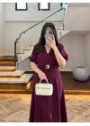 BORDO GOLD KEMER DETAY YIRTMAÇLI ELBİSE-3909