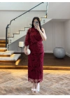 BORDO TEK OMUZ DESENLİ SİMLİ ELBİSE -4033