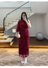 BORDO TEK OMUZ DESENLİ SİMLİ ELBİSE -4033