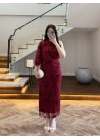 BORDO TEK OMUZ DESENLİ SİMLİ ELBİSE -4033