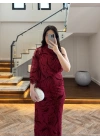BORDO TEK OMUZ DESENLİ SİMLİ ELBİSE -4033