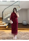 BORDO TEK OMUZ DESENLİ SİMLİ ELBİSE -4033