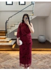 BORDO TEK OMUZ DESENLİ SİMLİ ELBİSE -4033