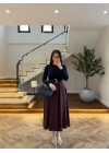 BORDO UZUN KOL EKOSE DETAY ELBİSE-4196