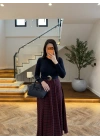 BORDO UZUN KOL EKOSE DETAY ELBİSE-4196
