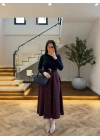 BORDO UZUN KOL EKOSE DETAY ELBİSE-4196