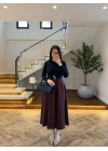 BORDO UZUN KOL EKOSE DETAY ELBİSE-4196