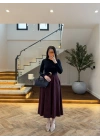 BORDO UZUN KOL EKOSE DETAY ELBİSE-4196