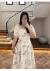 ÇİÇEKLİ KARPUZ KOL ELBİSE-EU3209