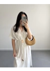 EKRU BELİ KUŞAKLI V YAKA ELBİSE