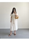 EKRU BELİ KUŞAKLI V YAKA ELBİSE