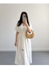 EKRU BELİ KUŞAKLI V YAKA ELBİSE