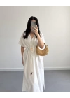 EKRU BELİ KUŞAKLI V YAKA ELBİSE