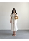 EKRU BELİ KUŞAKLI V YAKA ELBİSE