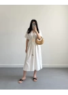 EKRU BELİ KUŞAKLI V YAKA ELBİSE