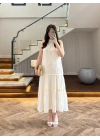 EKRU GÜPÜR DETAY KAT KAT ELBİSE-9614