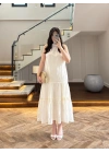 EKRU GÜPÜR DETAY KAT KAT ELBİSE-9614