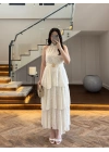 EKRU KEMERLİ KAT KAT ELBİSE -4098