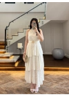 EKRU KEMERLİ KAT KAT ELBİSE -4098
