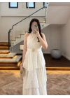 EKRU KEMERLİ KAT KAT ELBİSE -4098