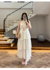 EKRU KEMERLİ KAT KAT ELBİSE -4098