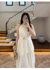 EKRU KEMERLİ KAT KAT ELBİSE -4098