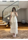 EKRU KEMERLİ KAT KAT ELBİSE -4098