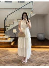 EKRU KEMERLİ KAT KAT ELBİSE -4098