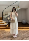 EKRU KEMERLİ KAT KAT ELBİSE -4098